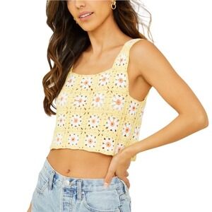 Altar'd State Yellow Daisy Crochet Crop Top Boho Floral Knit Tank Womens Small